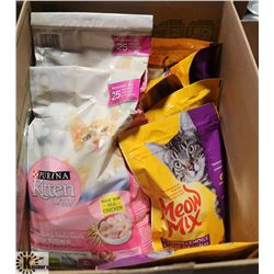 BOX OF PURINA KITTEN CHOW & MEOW MIX CAT DRY FOOD.
