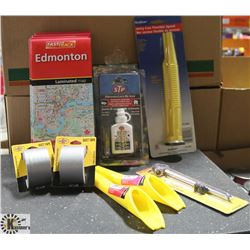 LARGE BAG OF ALBERTA ROAD MAPS, LOCK DE-ICER, GAS