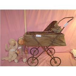 Vintage Doll Buggy & 2 Cloth Stuffed/Vi