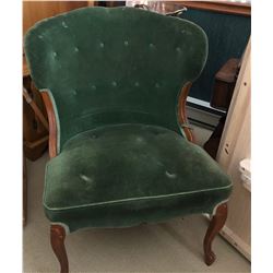 ANTIQUE GREEN UPHOLSTERED FAN BACK CHAIR