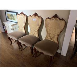 3 DARK WOOD FLORAL PATTERNED HIGH BACK SIDE CHAIRS