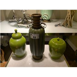 3 GREEN VASES