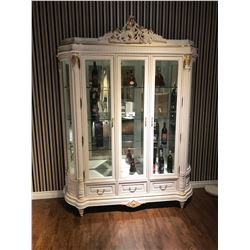 WHITE & GOLD FLOWER DESIGN 4 TIER, 3 DRAWER, 3 DOOR GLASS FRONT DISPLAY CABINET