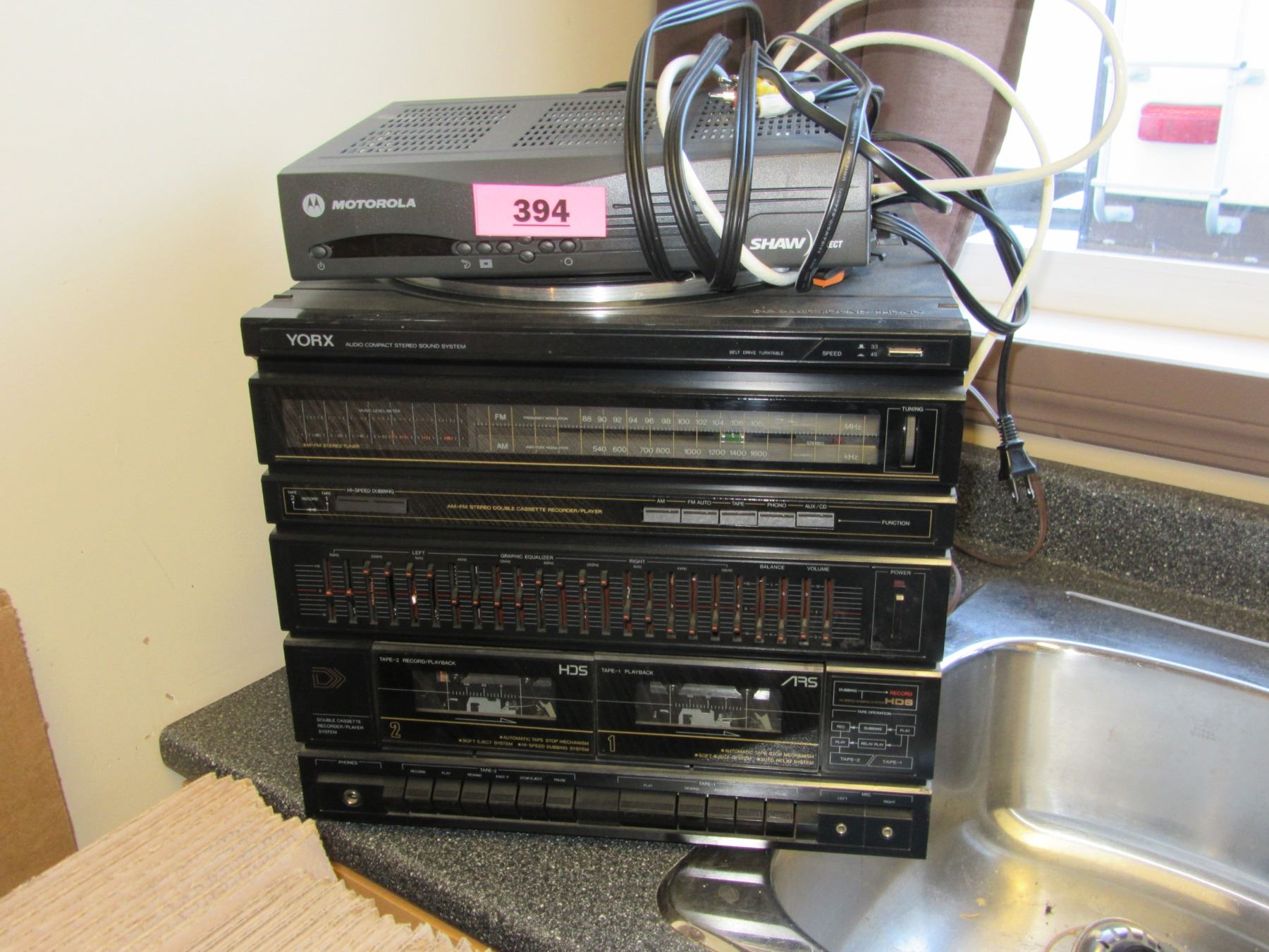 YORX BOOKSHELF STEREO & MOTOROLLA CABLE BOX