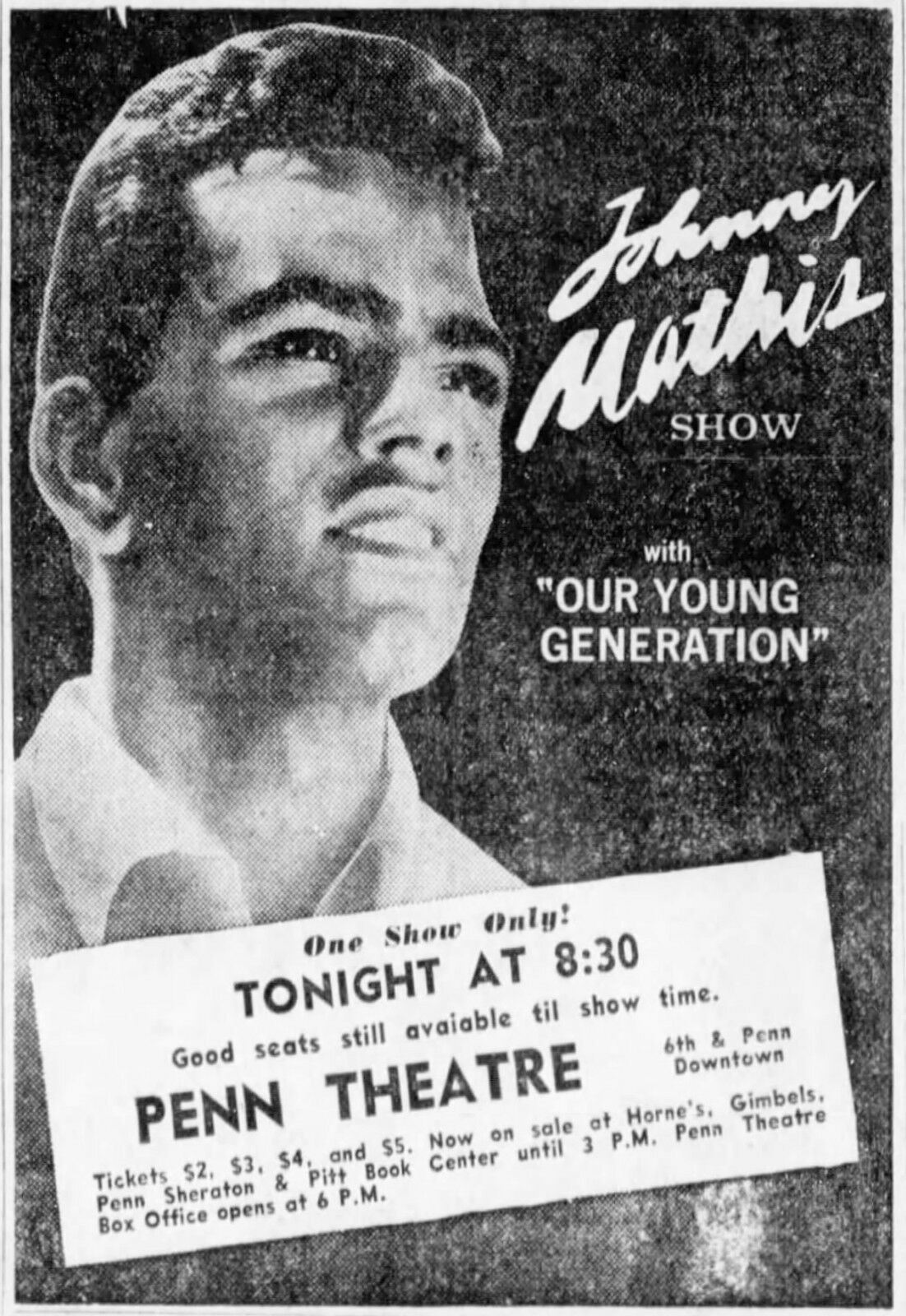 JOHNNY MATHIS Original 1967 Unused Concert Ticket