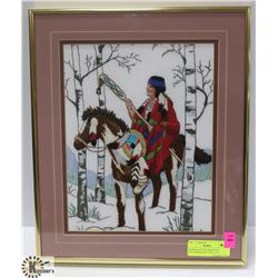 FRAMED NATIVE AMERICAN STITCHWORK PICTURE- 13" X