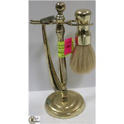 VINTAGE BRASS SHAVING STAND WITH BRUSH AND RAZOR