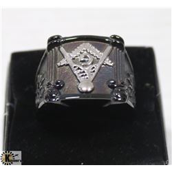 MASONIC SYMBOL BLACK RING, SIZE  14