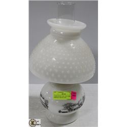 FARM SCENE COAL OIL LAMP WITH HOBNAIL MILKGLASS