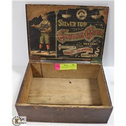 ANTIQUE WOOD DISPLAY BOX WITH  PAPER LABEL SILVER