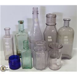 ANTIQUE MEDICINE BOTTLES, PURPLE, GREEN & BLUE