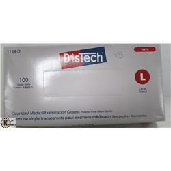 BOX OF 100 SIZE LARGE DISTECH CLEAR VINYL MEDICAL