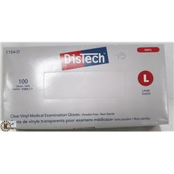 BOX OF 100 SIZE LARGE DISTECH CLEAR VINYL MEDICAL