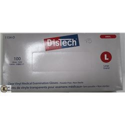 BOX OF 100 SIZE LARGE DISTECH CLEAR VINYL MEDICAL