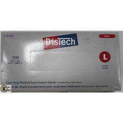 BOX OF 100 SIZE LARGE DISTECH CLEAR VINYL MEDICAL