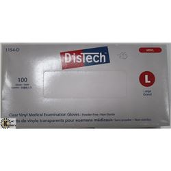 BOX OF 100 SIZE LARGE DISTECH CLEAR VINYL MEDICAL