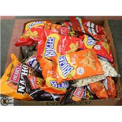 BOX OF ASSORTED BITS N BITES, POPCORN, BUGLES &