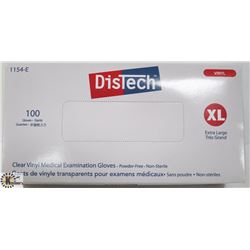 BOX OF 100 SIZE XLARGE DISTECH CLEAR VINYL MEDICAL