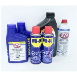 BOX WITH OIL TREATMENTS, WD40 & 15W40 MOTOR OIL