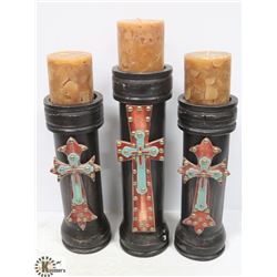 SET OF 3 DECORATIVE WOOD PILLER CANDLE HOLDERS
