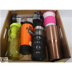 FLAT OF WATER BOTTLES & HOT BEVERAGE MUGS,
