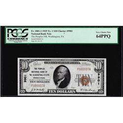 1929 $10 NB of Washington, PA CH# 9901 National Currency Note PCGS Choice New 64PPQ