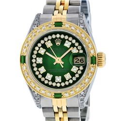 Rolex Ladies Two Tone 14K Green Vignette Diamond Lugs & Emerald Datejust Wristwatch