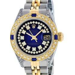 Rolex Ladies Two Tone 14K Blue Vignette Diamond Lugs & Sapphire Datejust Wristwatch