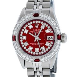 Rolex Ladies Stainless Steel Red Ruby String & Diamond Datejust Wristwatch