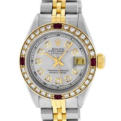 Rolex Ladies Two Tone Grey Diamond & Ruby 26MM Datejust Wristwatch