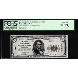 1929 $5 NB of Washington, PA CH# 3383 National Currency Note PCGS About New 50PPQ