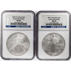 Lot of (2) 2007-W $1 American Silver Eagle Coins NGC MS69 Early Releases