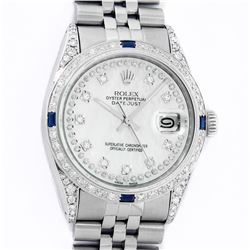 Rolex Mens Stainless Steel Mother Of Pearl Diamond Lugs & Sapphire Datejust Wristwatch