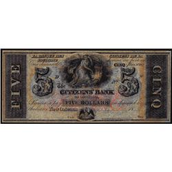 1800's $5 Citizens Bank Louisiana New Orleans, LA Obsolete Banknote