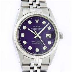 Rolex Mens Stainless Steel Purple Diamond 36MM Datejust Wristwatch