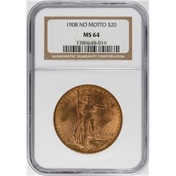 1908 No Motto $20 St. Gaudens Double Eagle Gold Coin NGC MS64