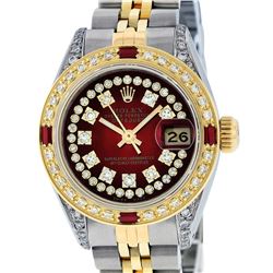 Rolex Ladies Two Tone 14K Red Vignette String Diamond Lugs & Ruby Datejust Wristwatch