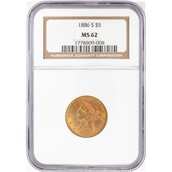 1886-S $5 Liberty Head Half Eagle Gold Coin NGC MS62