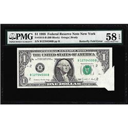 1988 $1 Federal Reserve Note New York Butterfly Fold ERROR PMG CH. About Unc 58EPQ