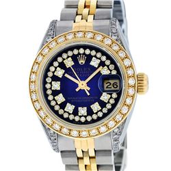 Rolex Ladies Two Tone 14K Blue Vignette Diamond Lugs 26MM Datejust Wristwatch