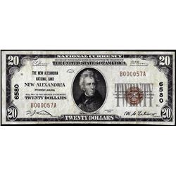1929 $20 New Alexandria National Bank, PA CH# 6580 National Currency Note Low Serial