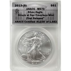 2013-(S) $1 American Silver Eagle Coin ANACS MS70 First Release