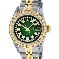Rolex Ladies Two Tone 14K Green Vignette Diamond Lugs 26MM Datejust Wristwatch