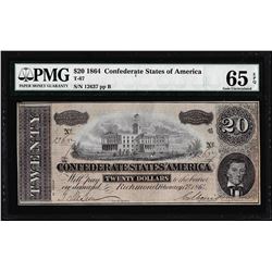 1864 $20 Confederate States of America Note T-67 PMG Gem Uncirculated 65EPQ