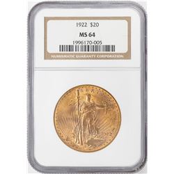 1922 $20 St. Gaudens Double Eagle Gold Coin NGC MS64