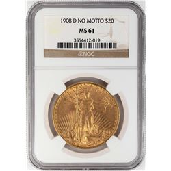 1908-D No Motto $20 St. Gaudens Double Eagle Gold Coin NGC MS61