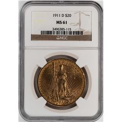 1911-D $20 St. Gaudens Double Eagle Gold Coin NGC MS61