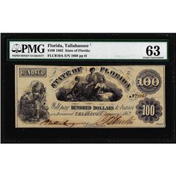 1862 $100 State of Florida Tallahassee Cr.10A Obsolete Note PMG Ch. Uncirculated 63