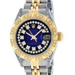 Rolex Ladies Two Tone 14K Blue Vignette Diamond Lugs Pyramid 26MM Datejust Wristwatch