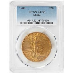 1908 $20 with Motto St. Gaudens Double Eagle Gold Coin PCGS AU53